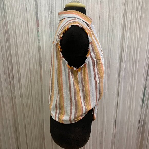Anthropologie Cloth & Stone Women's Small Tie Front Striped Linen Button Down - Picture 3 of 13